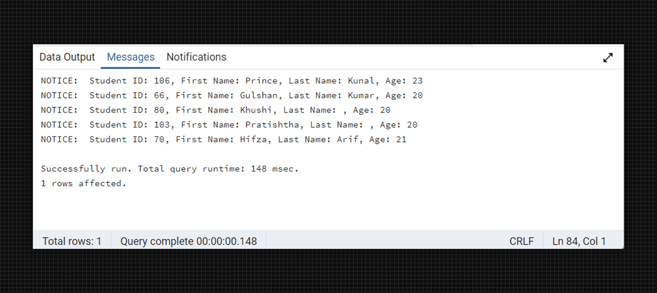 Creating a cursor for print the student record.