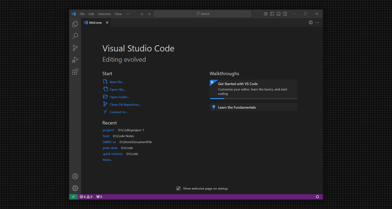 Opening Visual Studio (vs) Code.