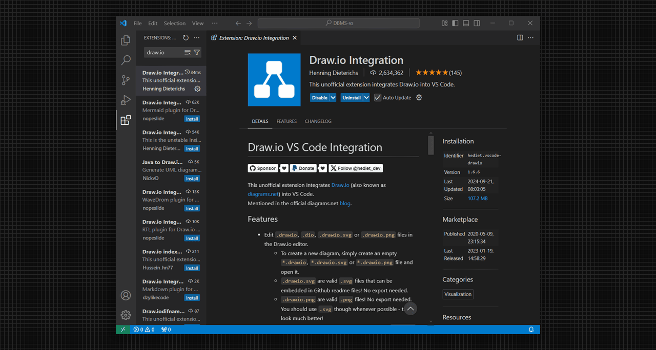 Install Draw.io Extension in vs code.