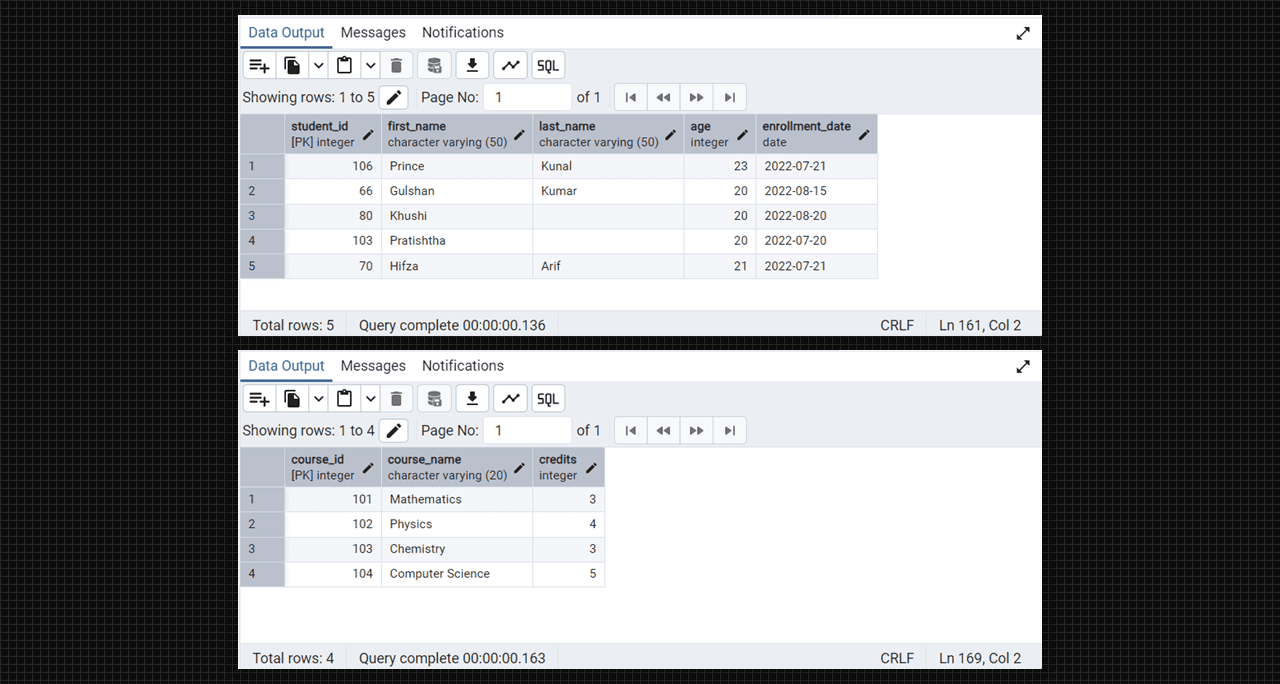 Students and Course table in Admin 4 (PostgreSQL).