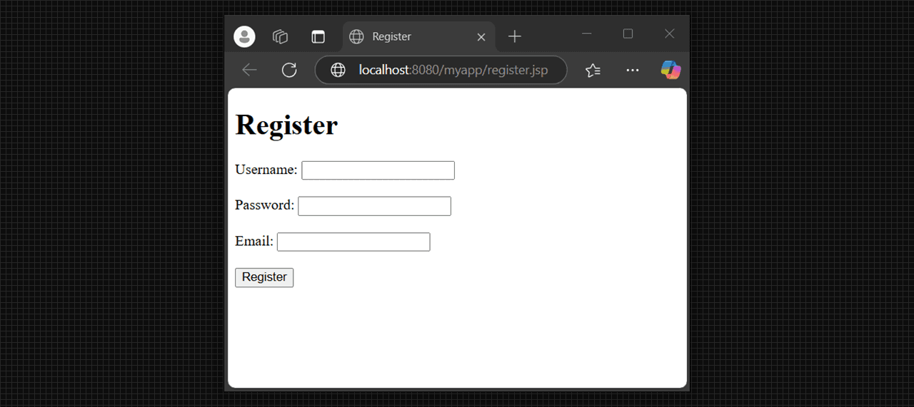 Registration form with register.jsp output.