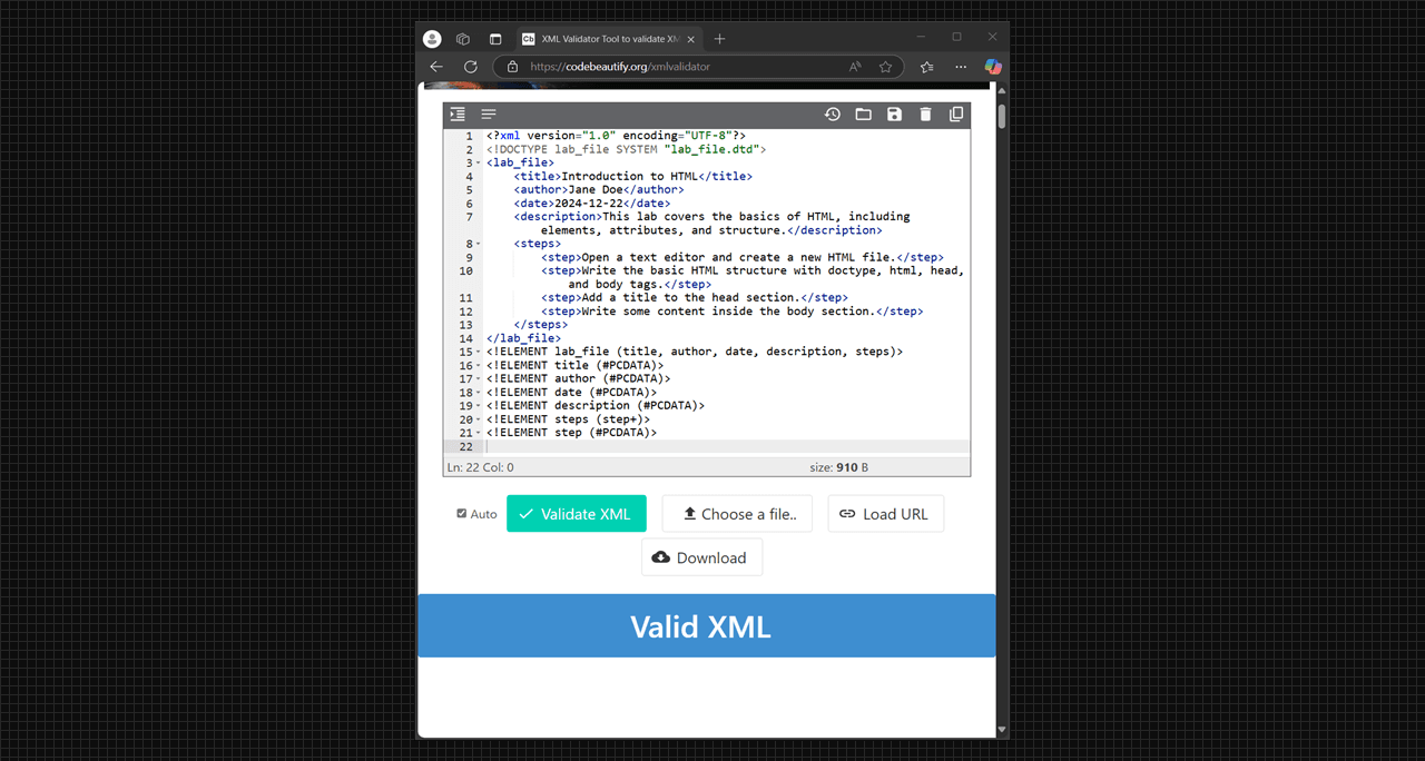 Online validating the XML document as DTD rule set.