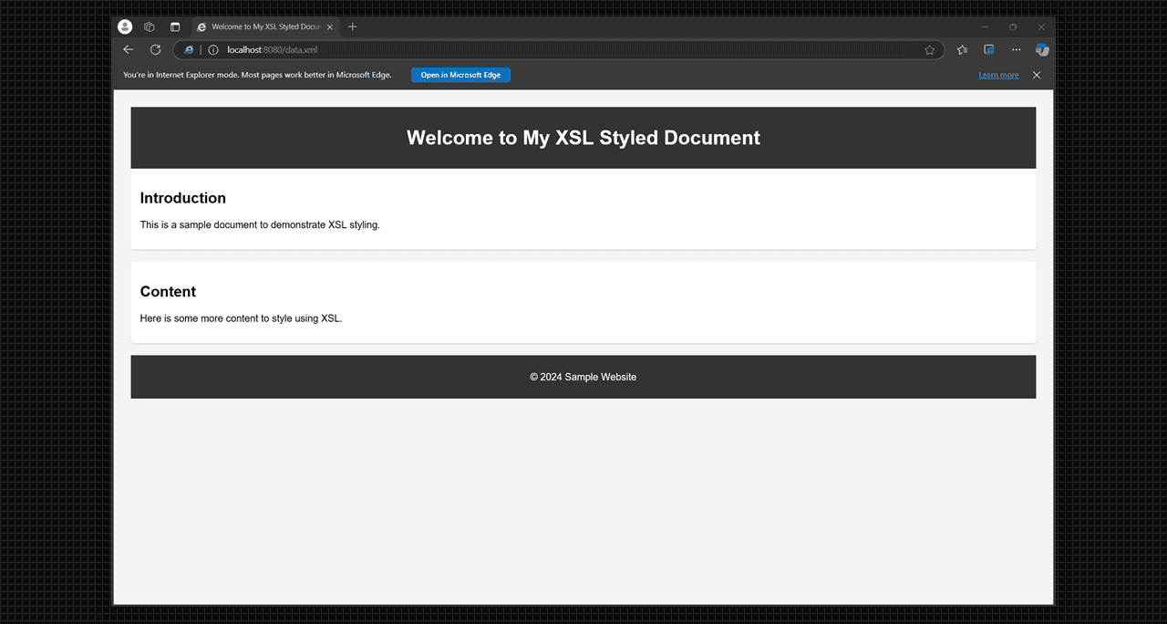 A Simple and basic website using XML and XSL, output.