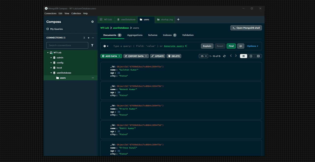 MongoDB userDatabase users in JSON formate.