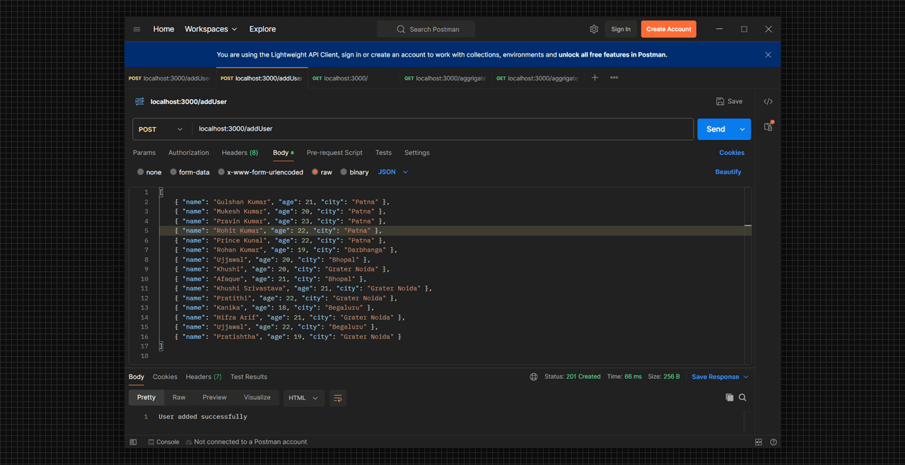 Inserting the JSON data using postman.