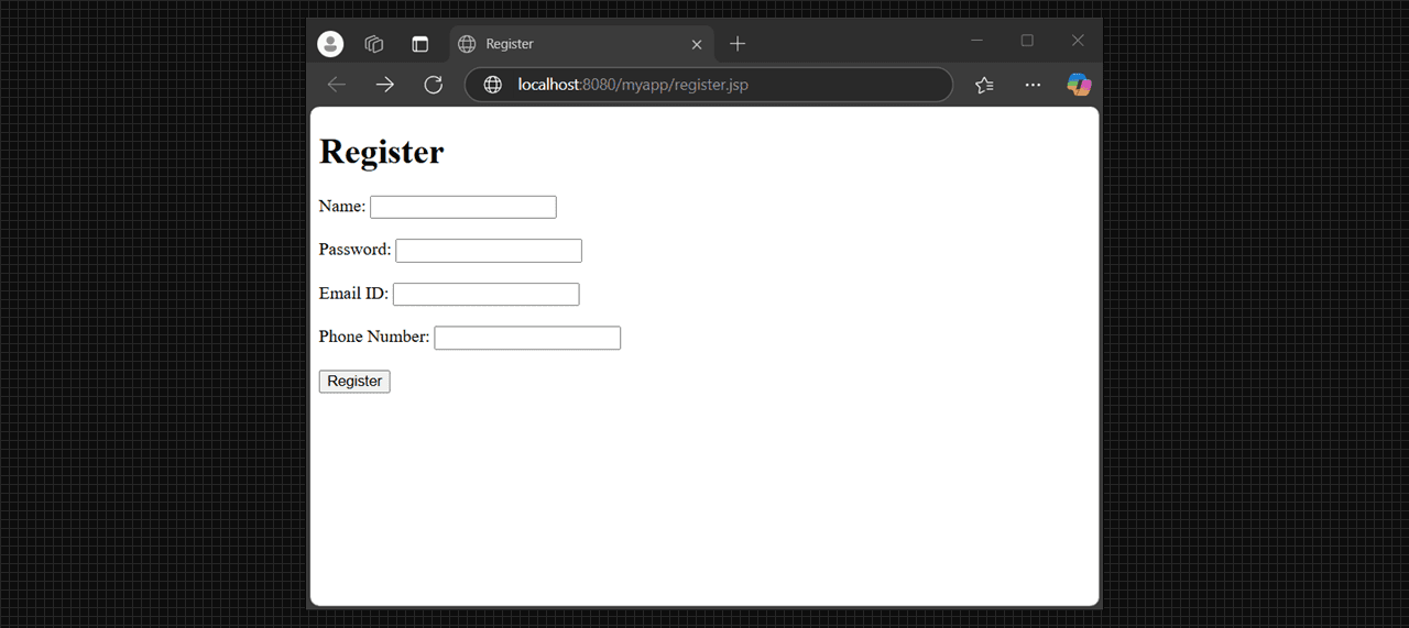 Registration form for new user with register.jsp output.