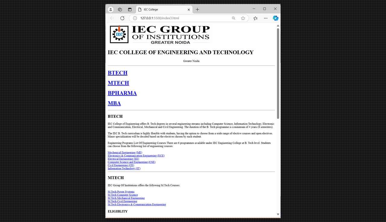 Institution website output, page 1.