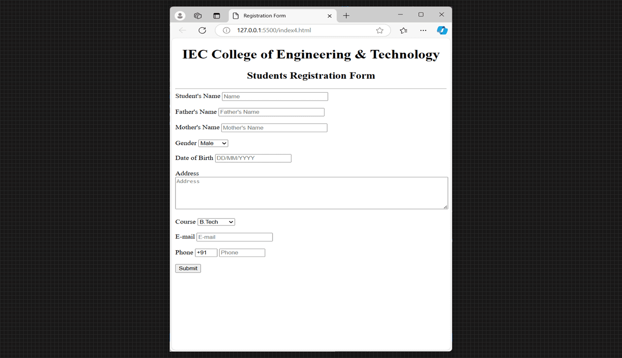 College Registration form in HTML, output.