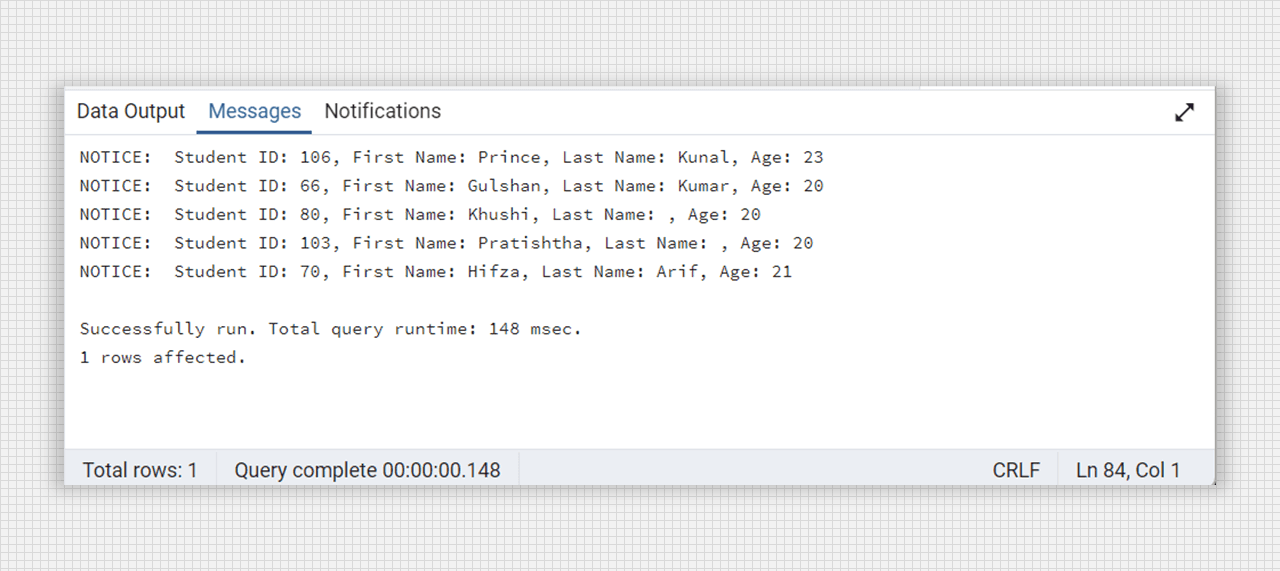 Creating a cursor for print the student record.