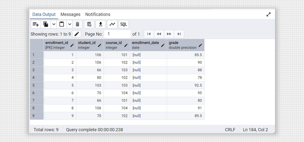 Enrollment table with foreign key in Admin 4 (PostgreSQL).