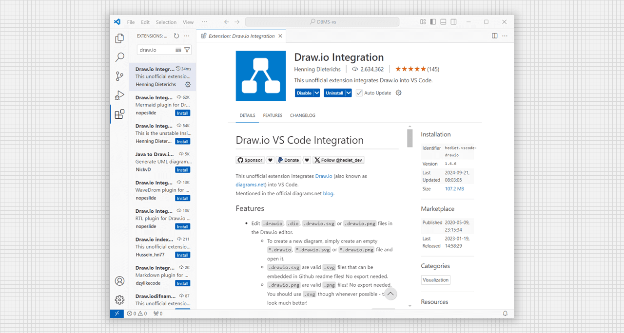 Install Draw.io Extension in vs code.