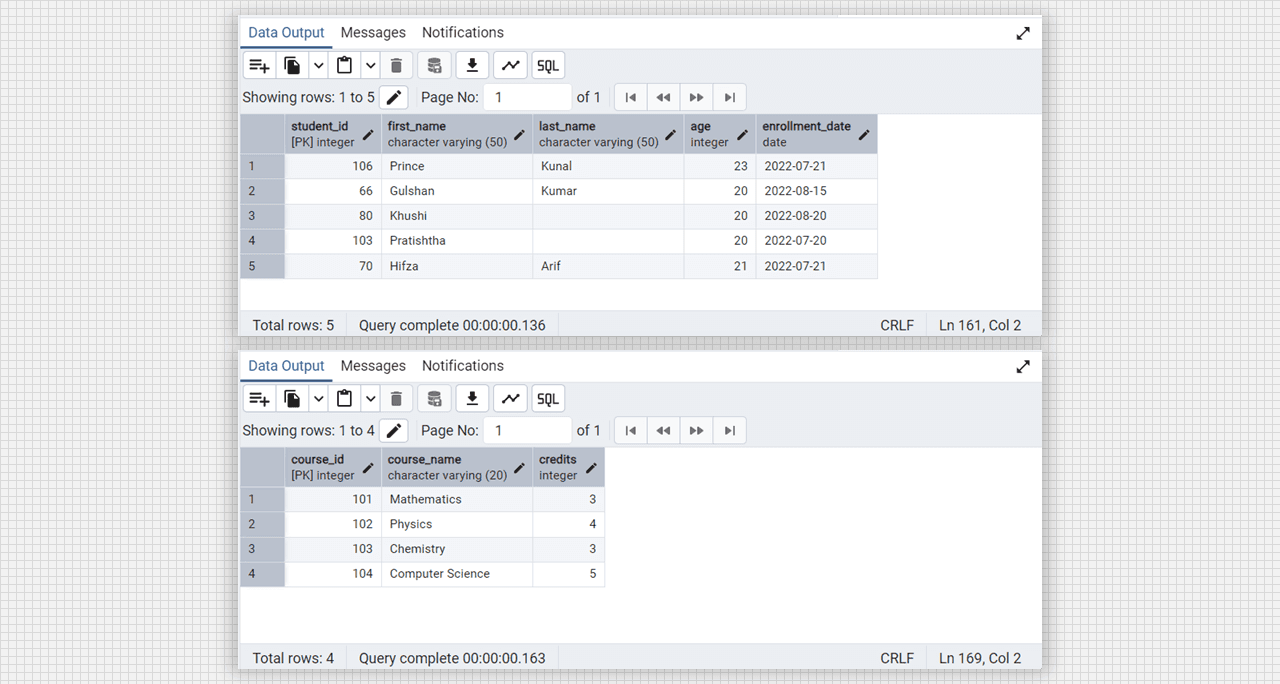 Students and Course table in Admin 4 (PostgreSQL).