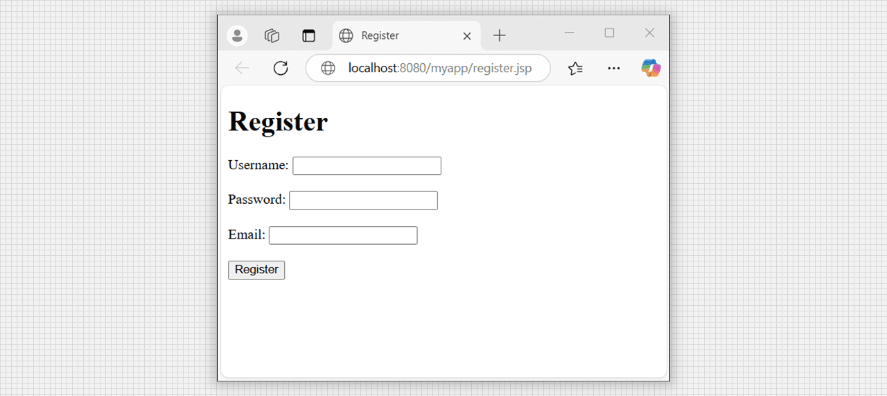 Registration form with register.jsp output.