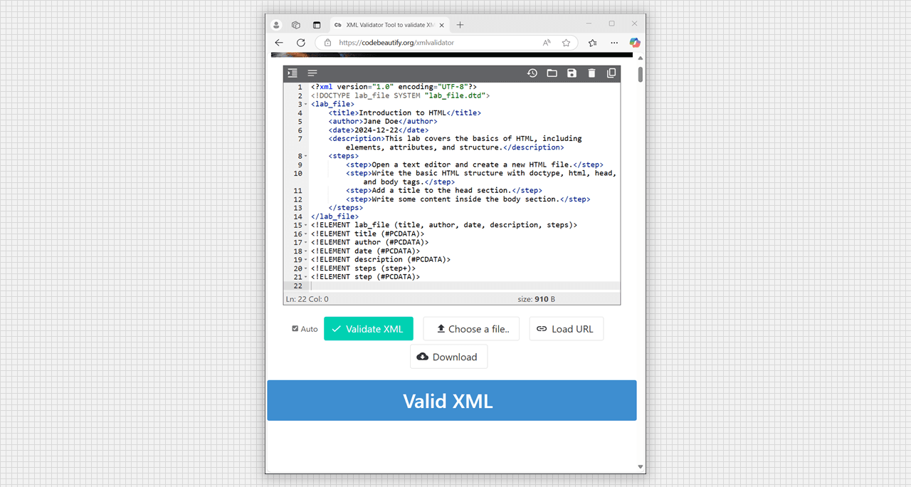 Online validating the XML document as DTD rule set.