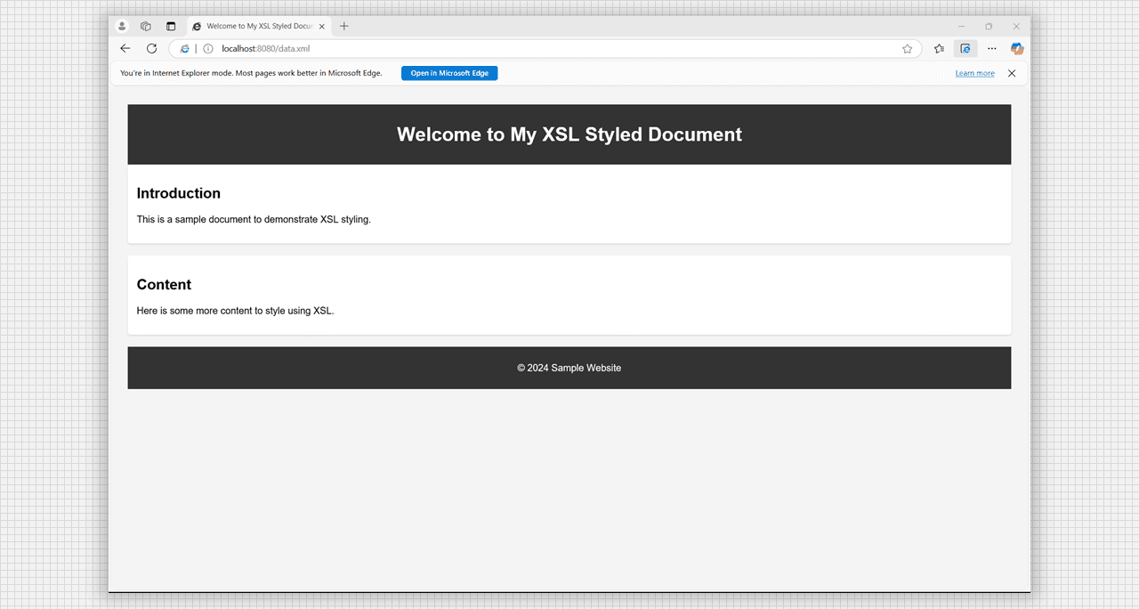 A Simple and basic website using XML and XSL, output.