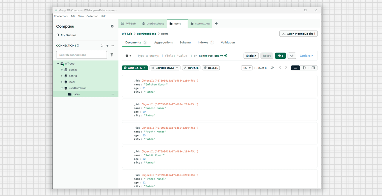 MongoDB userDatabase users in JSON formate.