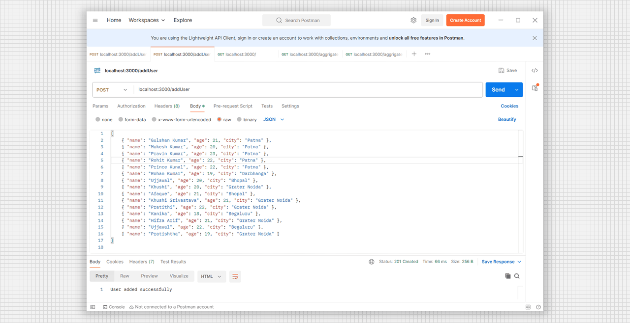 Inserting the JSON data using postman.