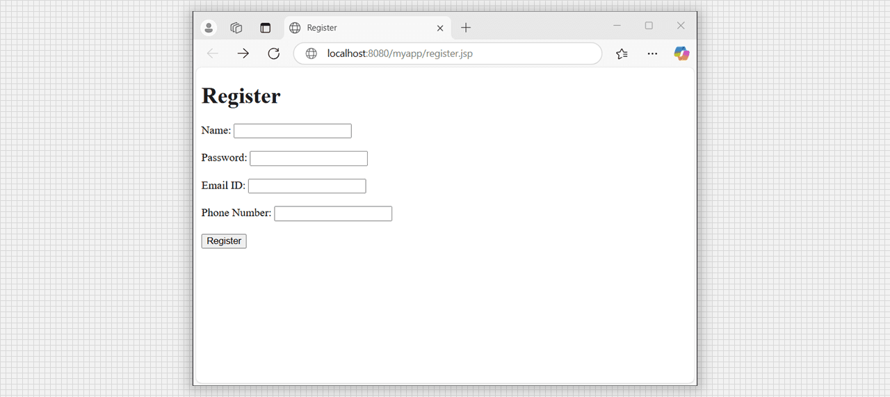 Registration form for new user with register.jsp output.