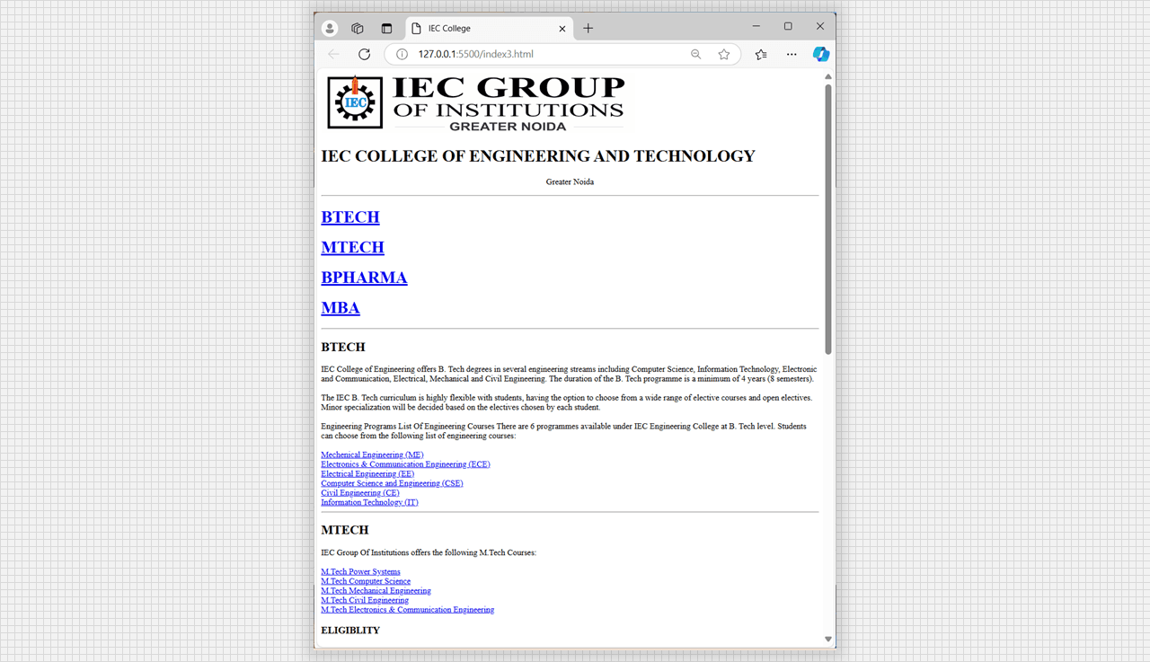 Institution website output, page 1.