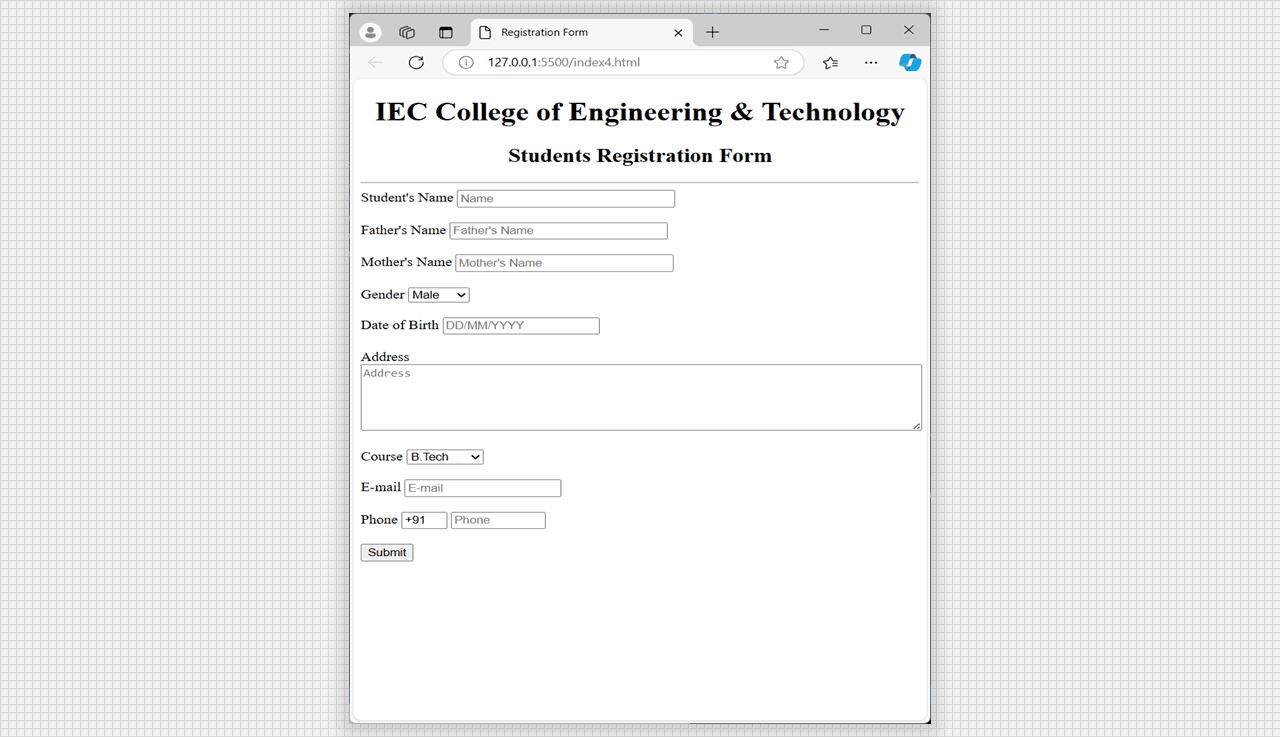 College Registration form in HTML, output.