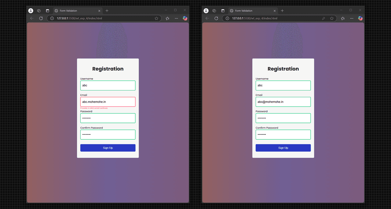 Registration form validate the input using JavaScript. error, correct.
