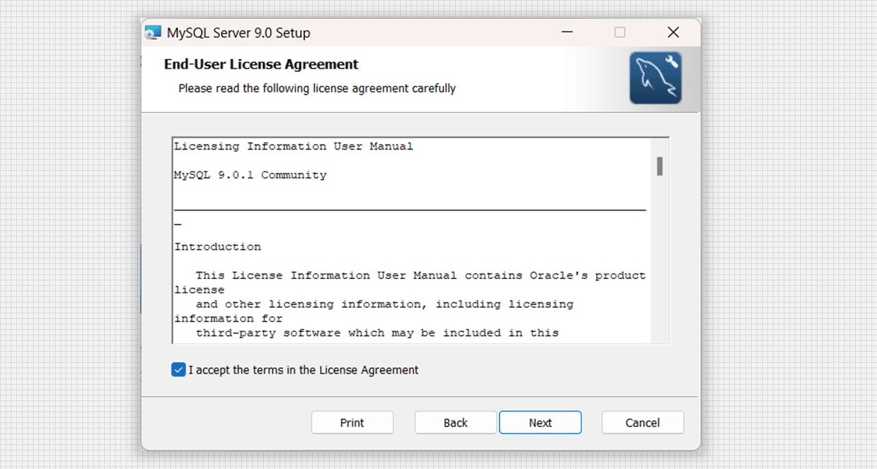 License and Agreement of MySQL Server 9.0 Setup