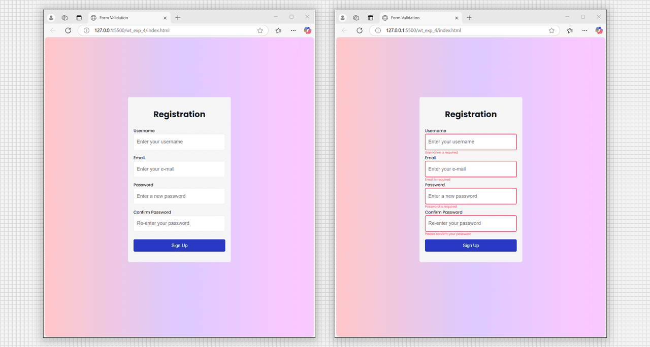 Registration form validate the input using JavaScript. empty, error.